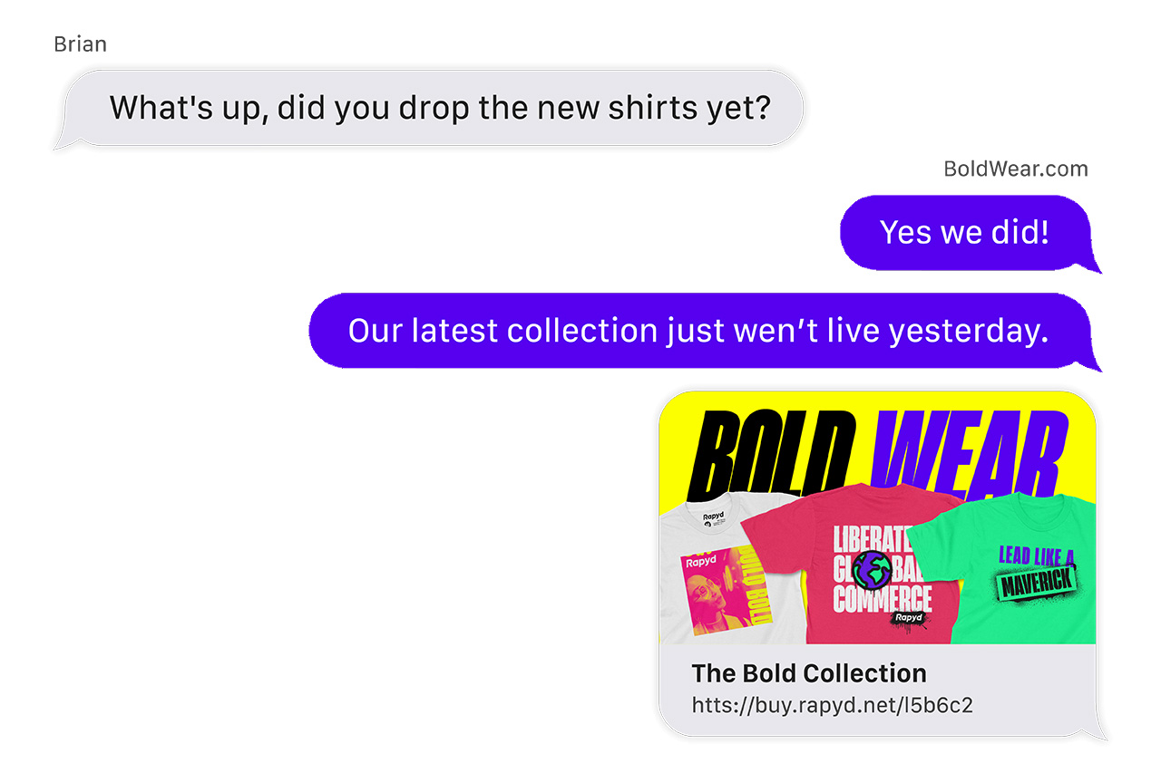 Screenshot of a chat with a link to purchase a Rapyd shirt