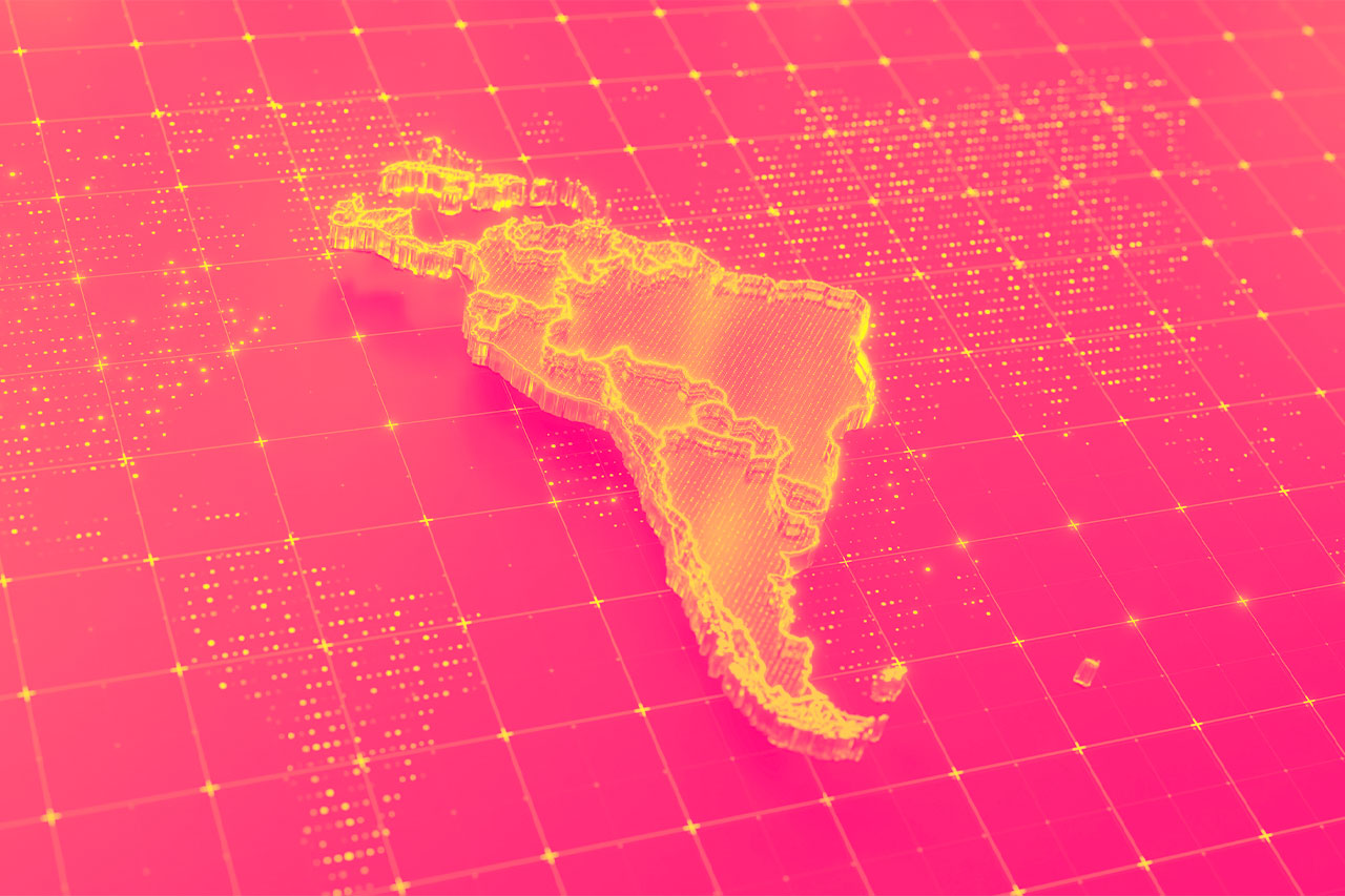 A stylized digital map of South America with neon colors