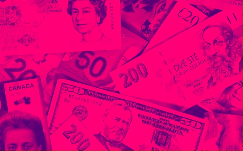Bills from multiple currencies in a pile