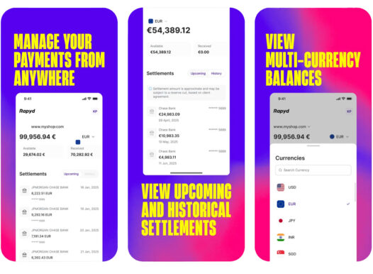 3 screenshots from Rapyd dashboard app